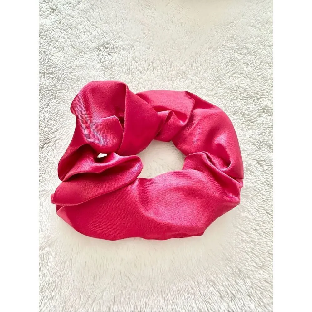 Red hot pink color satin hair scrunchie